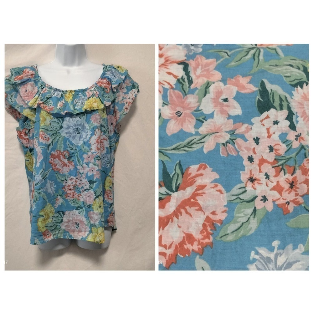 LOFT Size Medium Floral Cap Sleeves Ragged Edges Ruffle Elastic Neckline Top